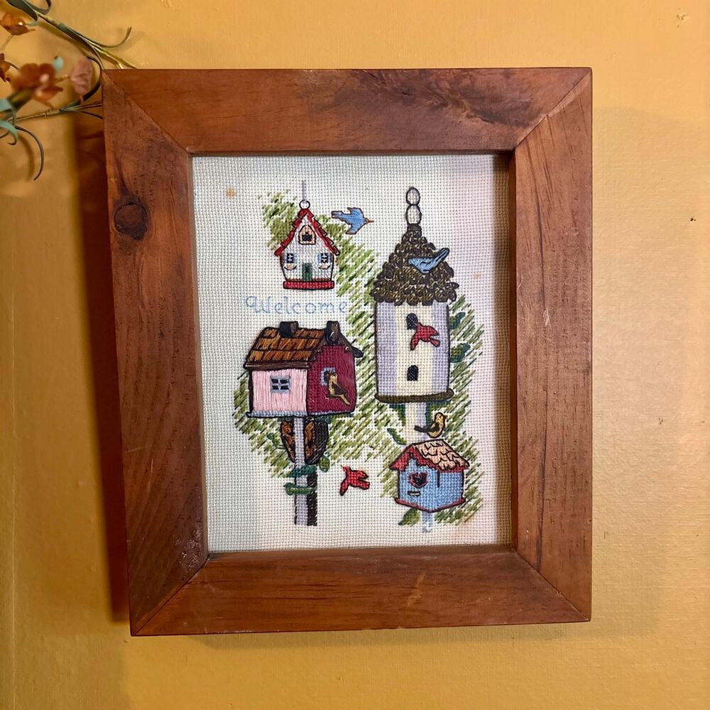 Framed Cross Stitch w/ Birdhouses - Vintage Needlepoint 10 X 11 Cottagecore
